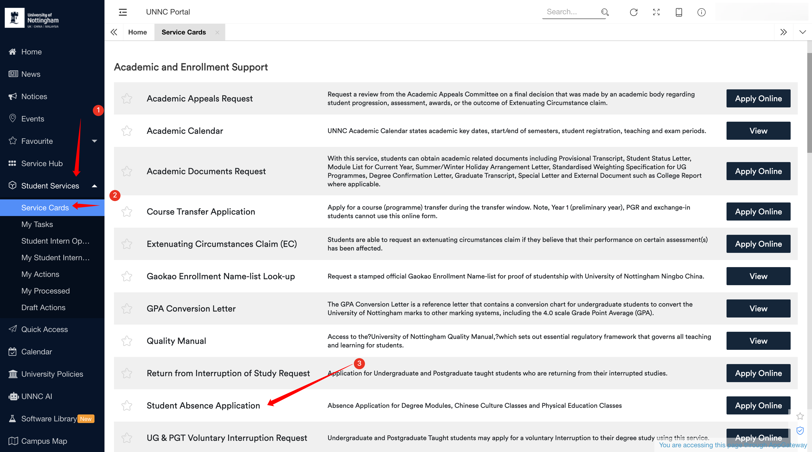 UNNC Portal 中 Student Absence Application 的入口